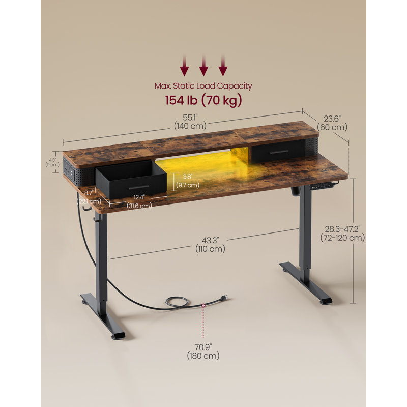 Adjustable Height Steel Computer Desk with Built-In Electrical Outlet