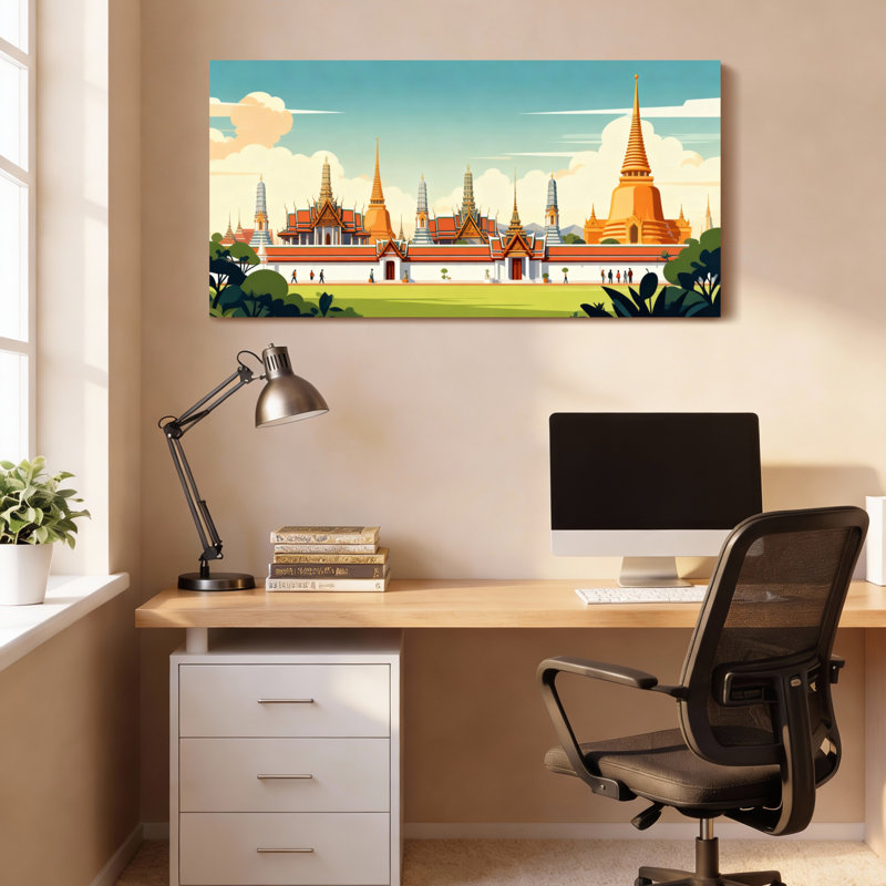 Ensemble de 1 tableau sur toile représentant l'architecture des temples thaïlandais, H 24 po x l 48 po