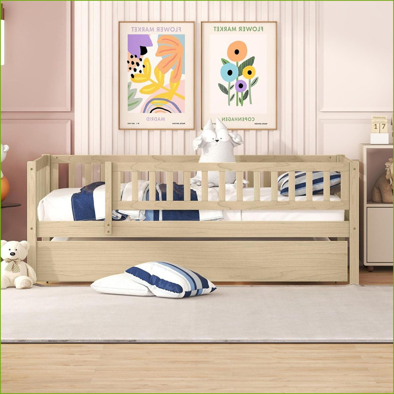 Twin Size Pine Wood Daybed with Trundle &amp; Guardrails, No Box Spring Needed, Natural, Natural, Twin