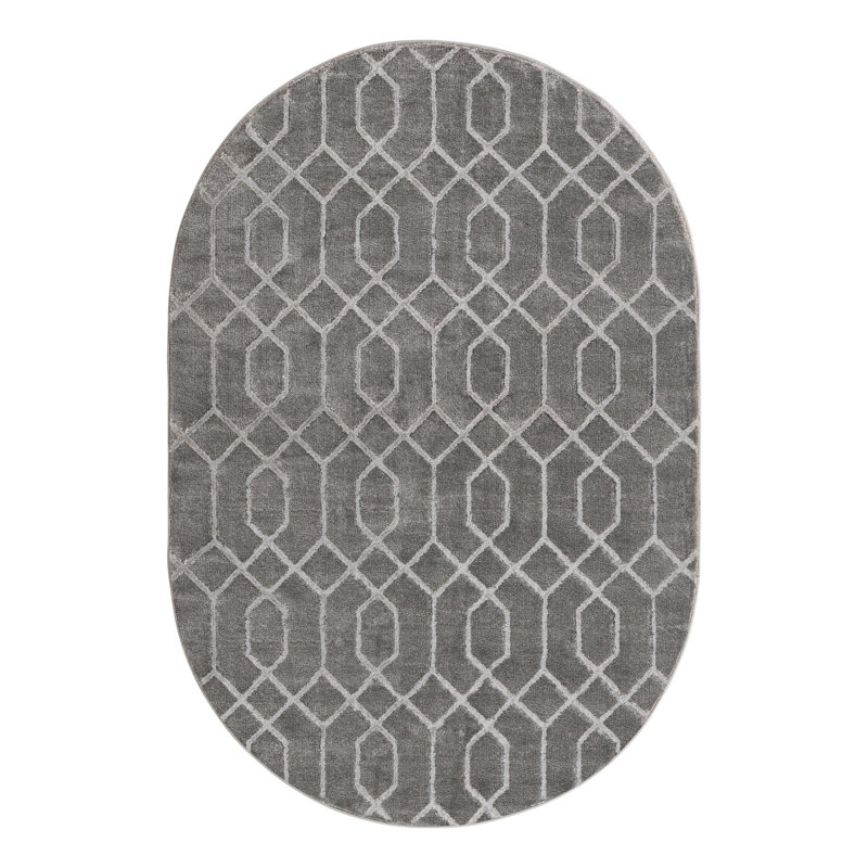 Tapis gris argenté à motif géométrique glam, Ovale 4 pi 1 po x 6 pi 1 po