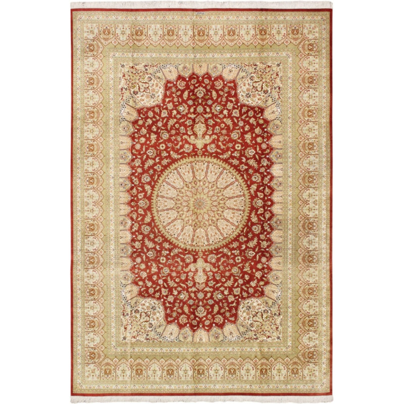 Tapis unique en soie noué à la main beige / rouge de 7 pi 10 po x 11 pi 7 po Azerbaijan