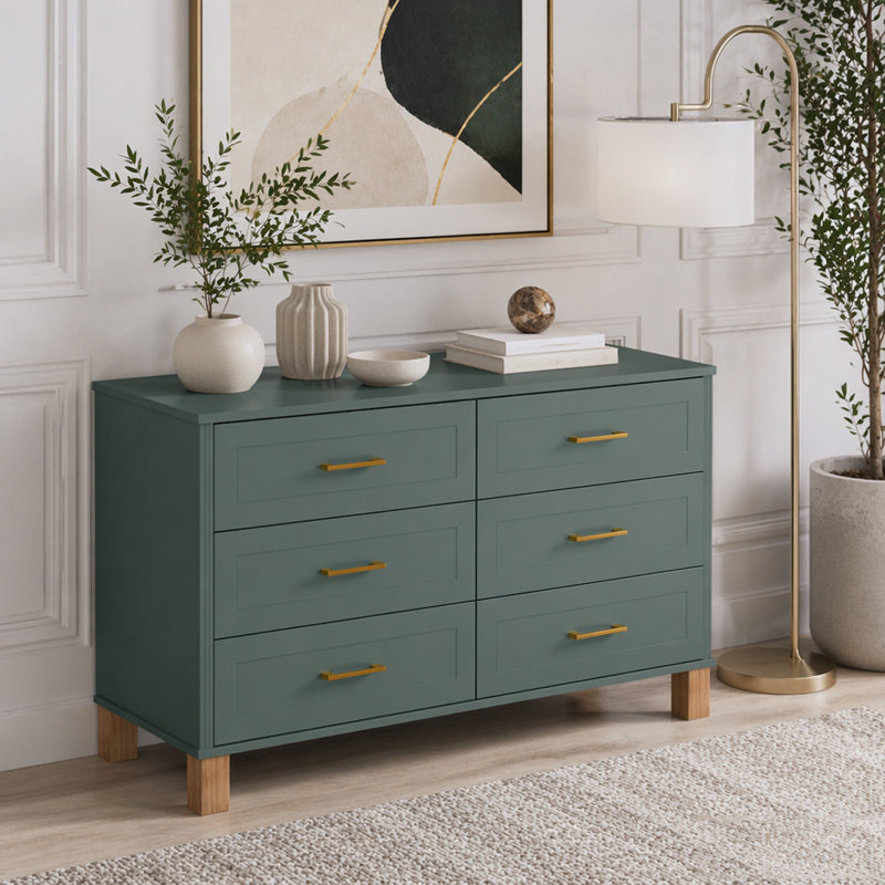 Commode double moderne à 6 tiroirs en bleu avec poignées en métal et pieds en bois massif, Blue