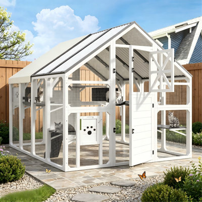 Extra Large Walk-In Catio Outdoor Enclosure, Weatherproof Cat Run Cage With PVC Roof, Bridges, Platforms & Resting Boxes