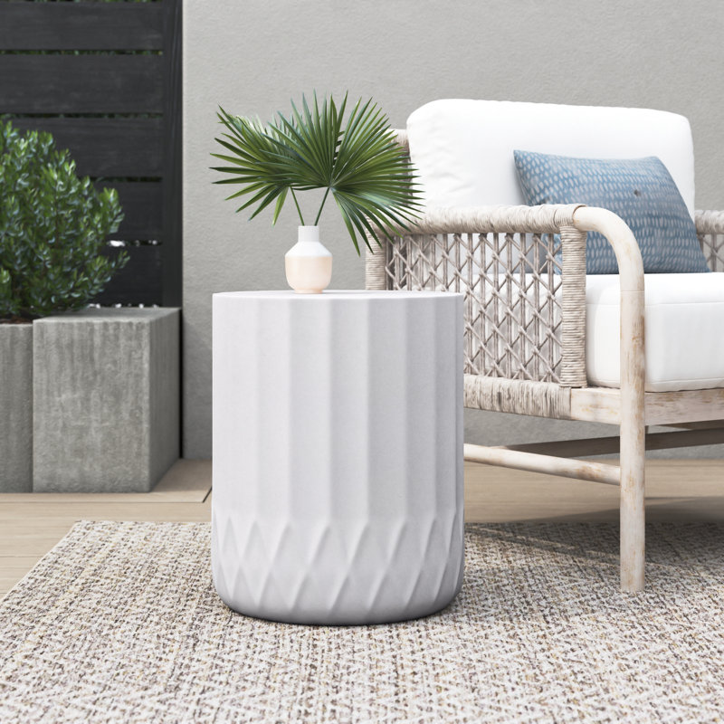 Ilene Round Concrete Outdoor Side Table, White