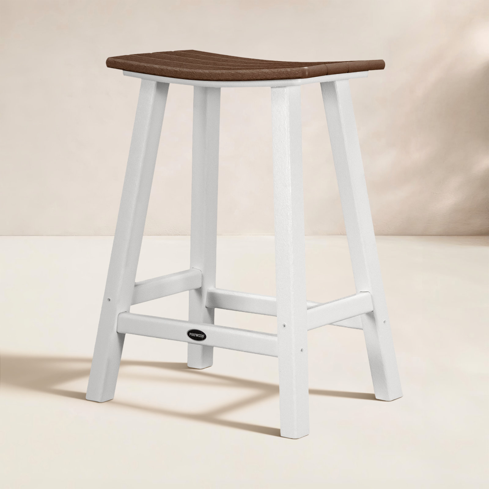 POLYWOOD® Contempo Saddle Counter Stool, White, Mahogany