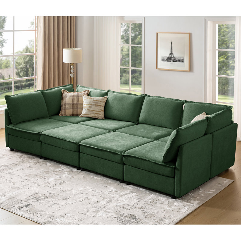 Cheltenham 127"W Modern 8-Piece Extra-Wide Storage Sectional Sofa with Ottoman, Green 