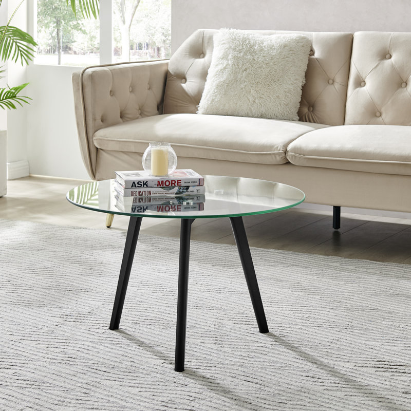 Sala Scandinavian Style Glass and Wood Round Coffee Table - Living Room Centre Table, Black