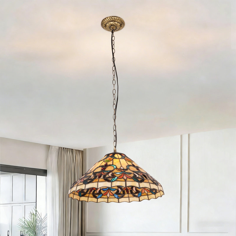 Luminaire suspendu rétro en verre coloré de style Tiffany en laiton antique