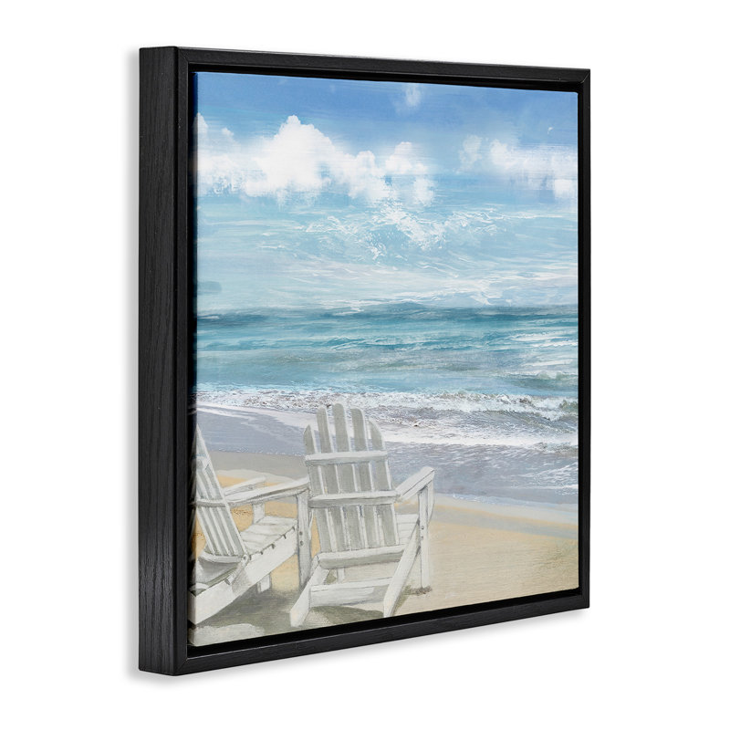 Chaises Adirondack blanches sur la plage, H 18 po x l 18 po, Cadre flottant noir de jais