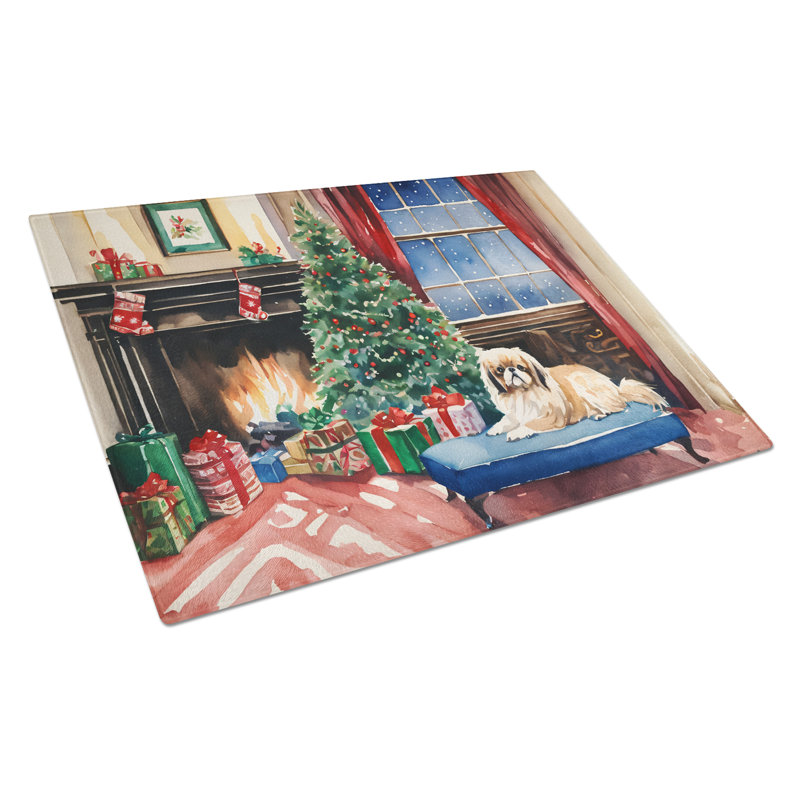Pekingese Cozy Christmas Glass Cutting Board Large