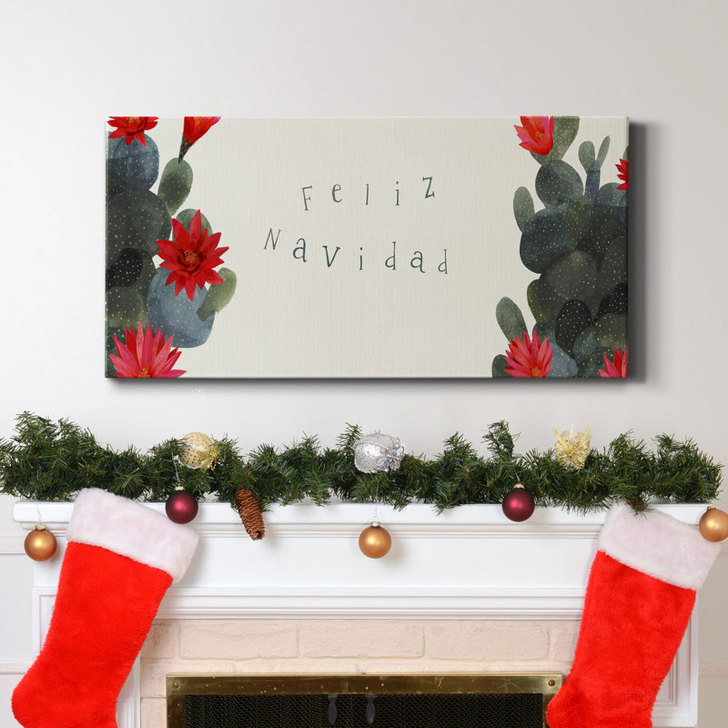 Toile tendue avec châssis en fleurs de la collection C Cactus de Noël - Prêt à accrocher, H 12 po x l 24 po x P 1 po