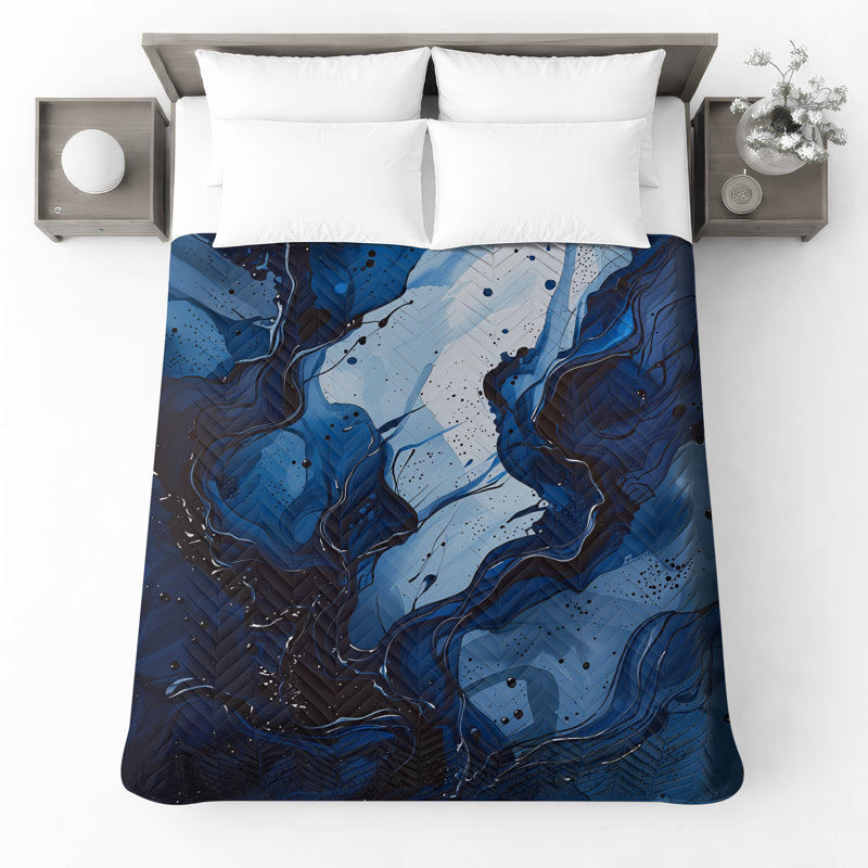 Blue Abstract Waves Quilted Bedspread All Sizes, King