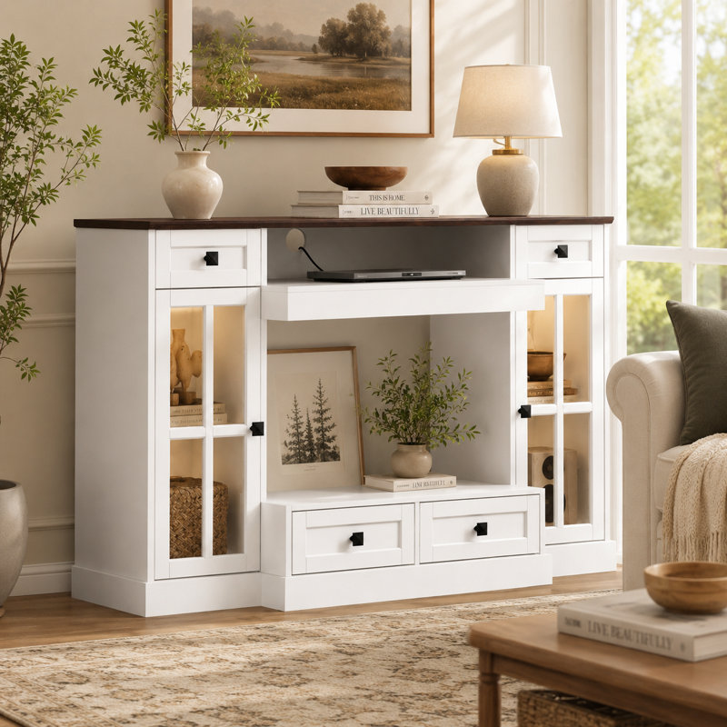 55.3'' White TV Stand With Wood-Grain Top, Tempered Glass Doors, 4 Drawers