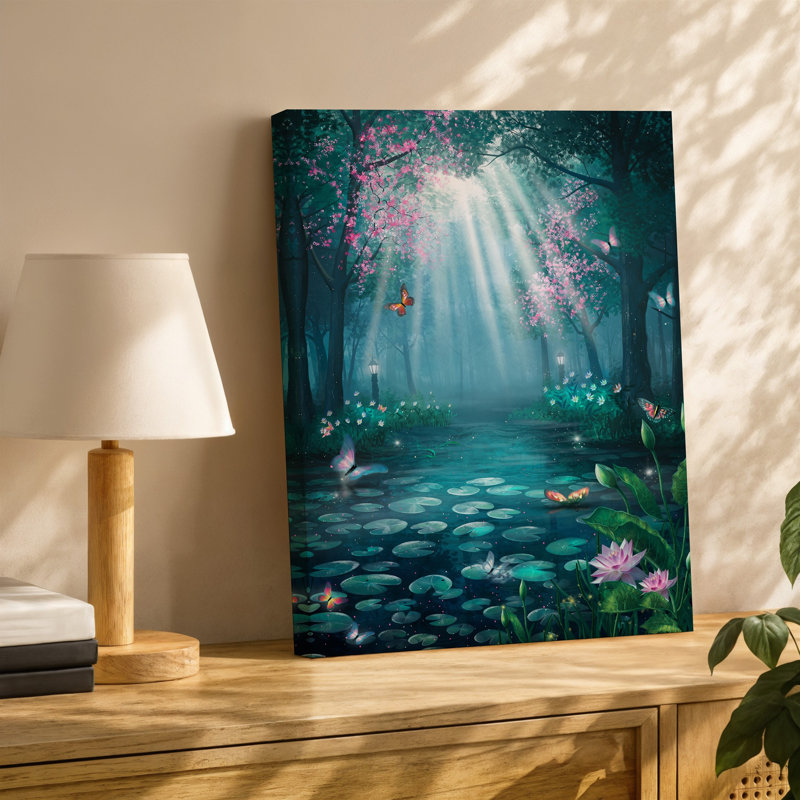 Toile «Mystical Forest Scene Bathed In Soft Ethereal Light», art mural avec des arbres imposants ornés de fleurs roses éclatantes