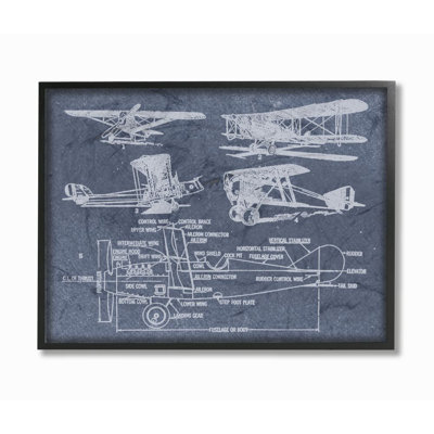 «Slate Blue Distress Vintage Airplanes Diagram Blueprint», reproduction d'impression