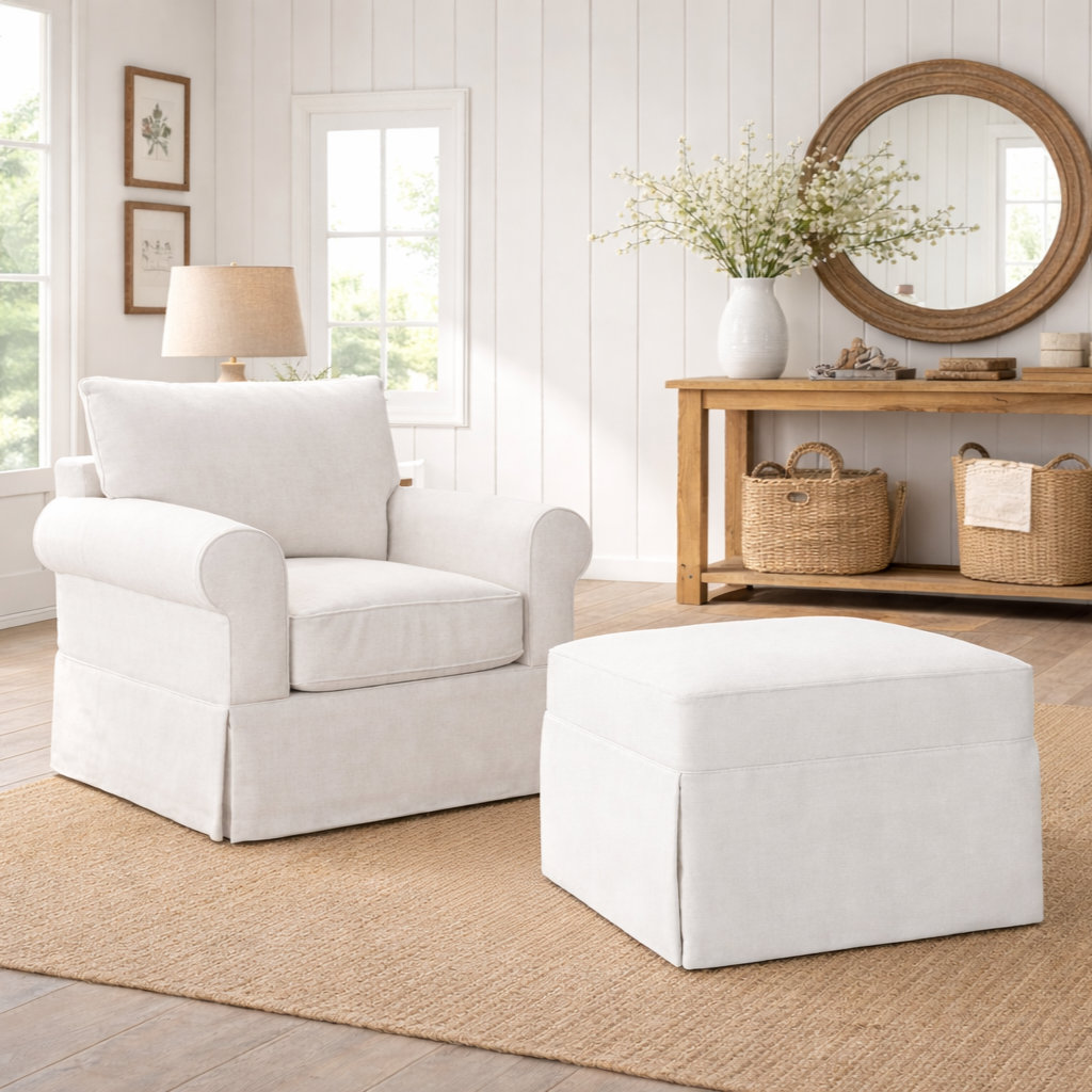 Amari 33" Rectangle Slipcovered Ottoman, Classic Bleach White Twill