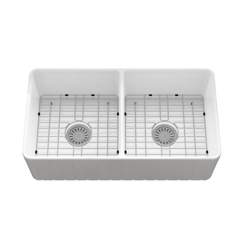 Sinber 33'' White Fireclay Farmhouse Double Bowl Kitchen Sink