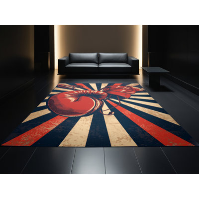 Machine Washable Aguilar Boxing Gloves Classic Striped Rug in Gray – Navy Binding