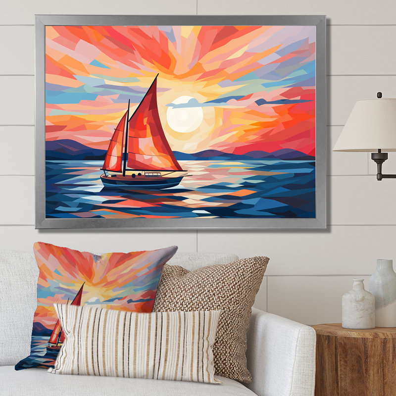 Coucher de soleil sur un bateau à voile II - bateau à voile, art mural, Cadre de coin argenté fermé