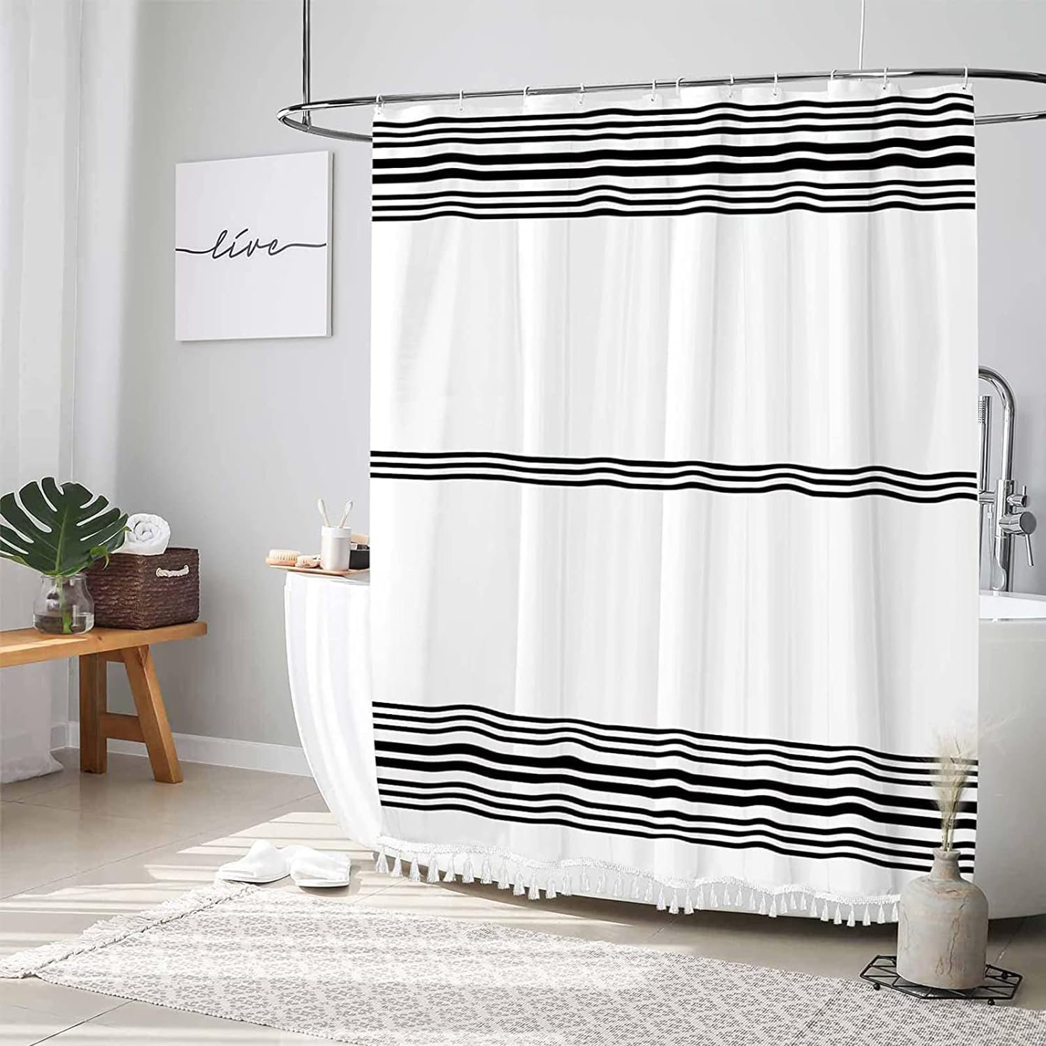 Hokku Designs Black And White Shower Curtain With Tassels,Farmhouse Fabric For Bathroom,Heavy Weighted, 72 X 72 | Wayfair