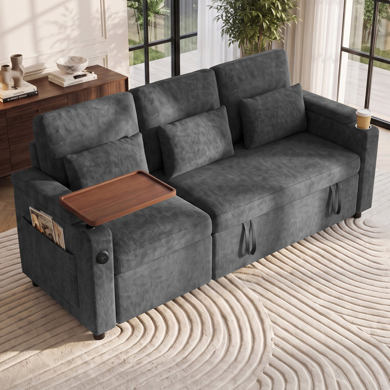 Canapé-lit convertible 3 places Aufak 83 po en chenille avec fauteuil inclinable électrique, ports de chargement USB, tablette latérale, porte-gobelet et rangement, gris