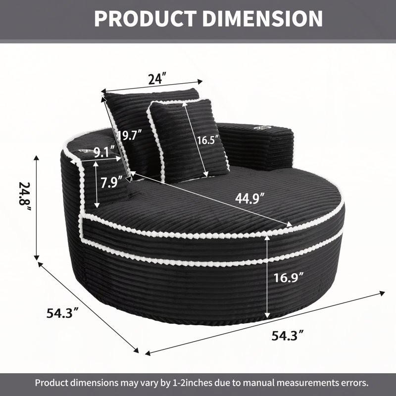 Round Sofa Bed with Cup Holder & Two-Layer Design, Black Fabric