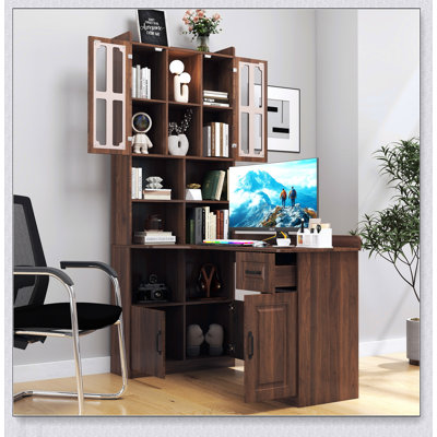 Bureau d'ordinateur de coin en L pour bureau à domicile ou bureau, style moderne avec tiroirs, bibliothèque et huche, conception 2 en 1, grand espace de travail