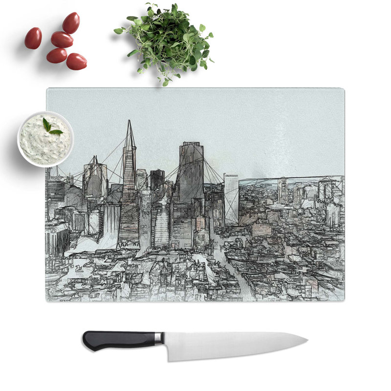 Tempered Glass Sketch of San Francisco Chopping Board, 28.5 cm W x 20 cm L
