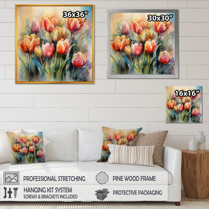 Orange Serenade Of Tulips On Canvas Print, Black Picture Framed, 16" H x 16" W