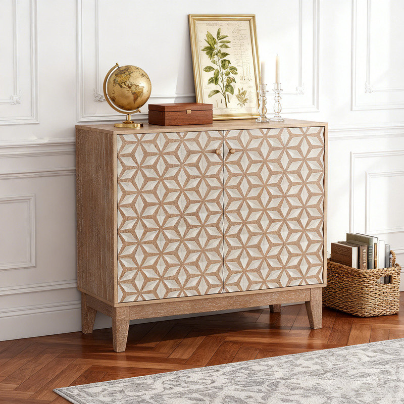 Buffet géométrique avec 2 portes et tablettes réglables, armoire de rangement de style campagne moderne de 31,5 po pour le salon, la salle à manger et la cuisine