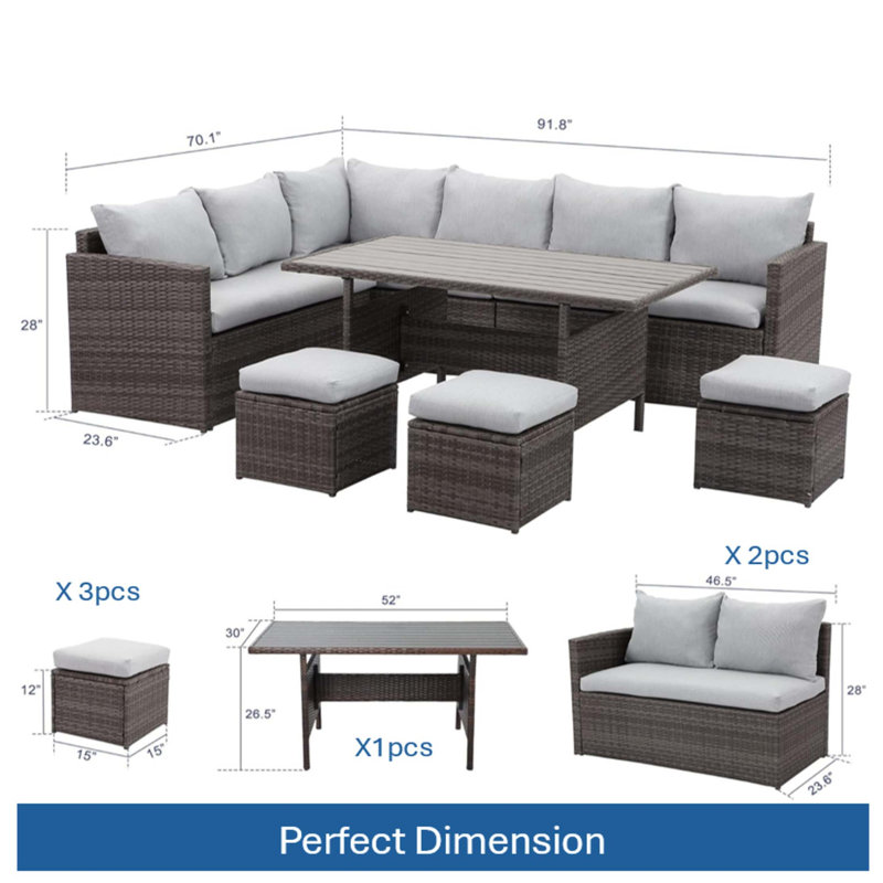 Ensemble repas d'extérieur modulaire en osier avec rangement toutes saisons, Gris
