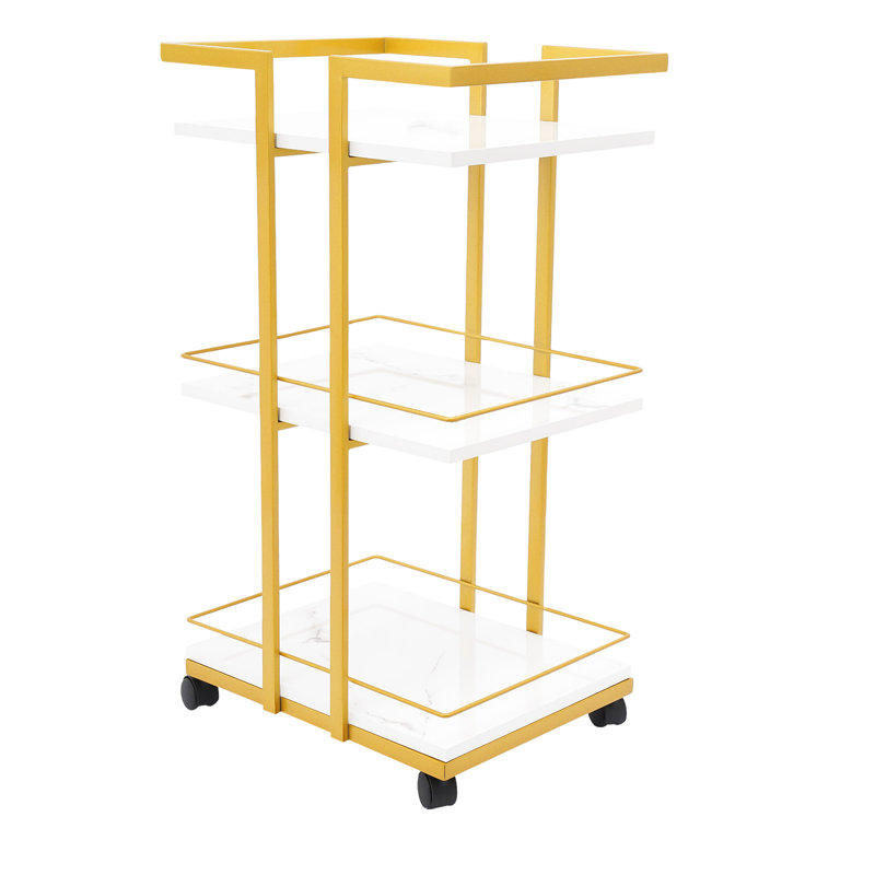 31.5" Mobile 3-Tier Rolling Cart with Lockable Casters, White & Gold Space Saving Storage Organizer for Kitchen, Office, Bathroom