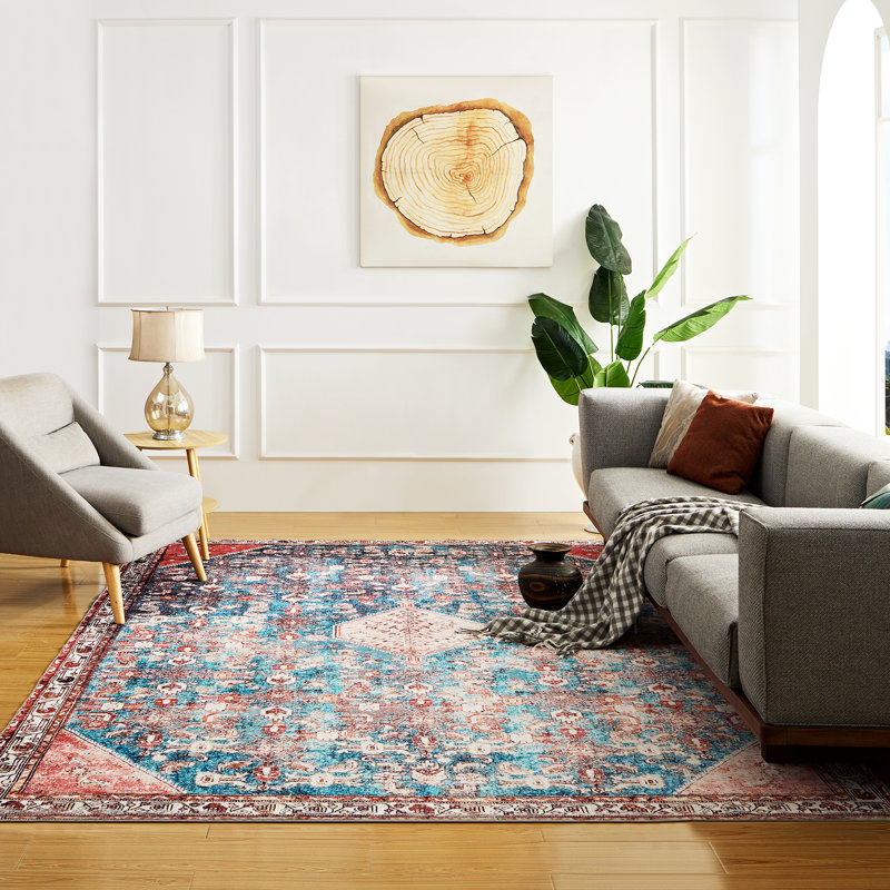 Aaruhi Machine Washable Oriental Red/Blue/White Area Rug, Rectangle 2' x 3'