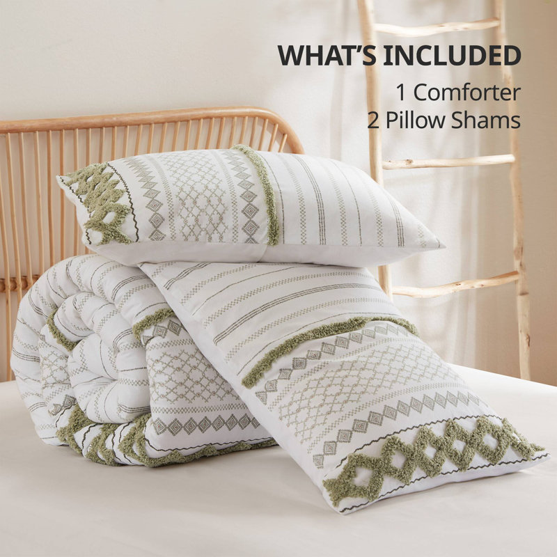 3 Piece Cotton Comforter Set with Chenille Tufting and Printed Design