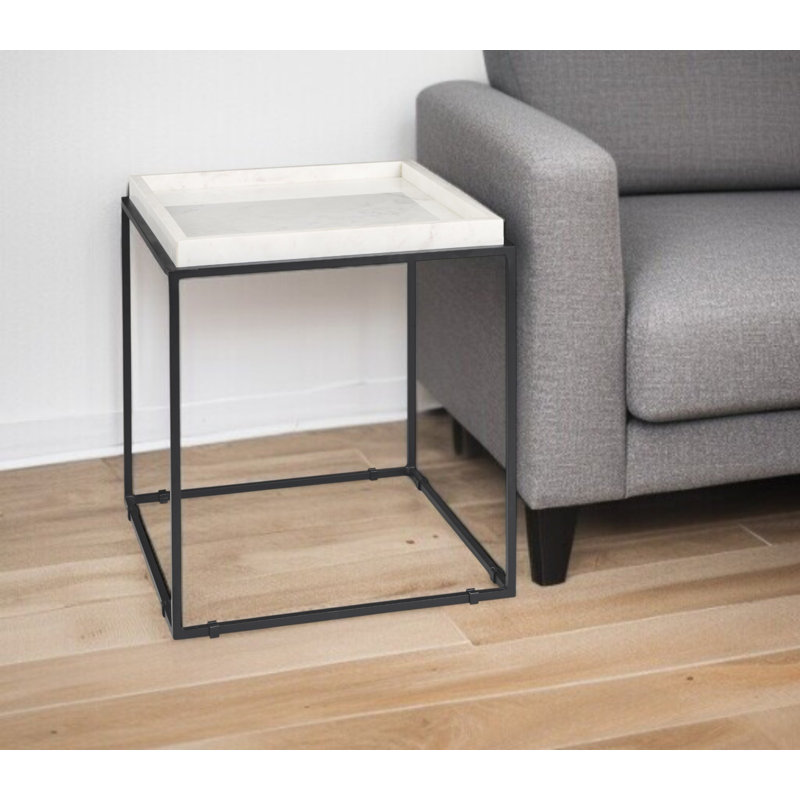 Table de bout carrée 20 po en marbre et métal blanc et noir