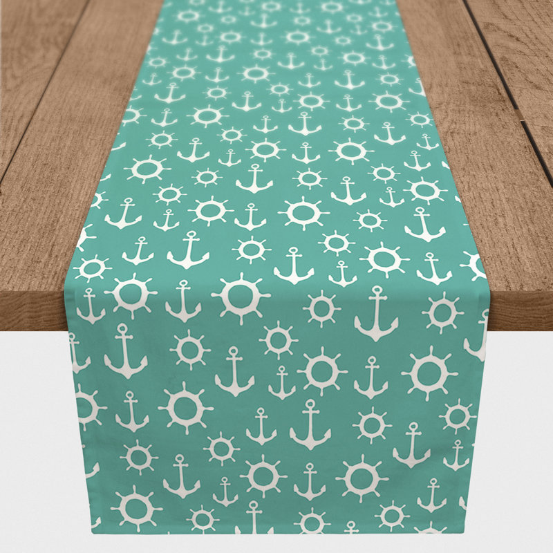 Athos Rectangle Polyester Table Runner, 72" x 16", Teal/White