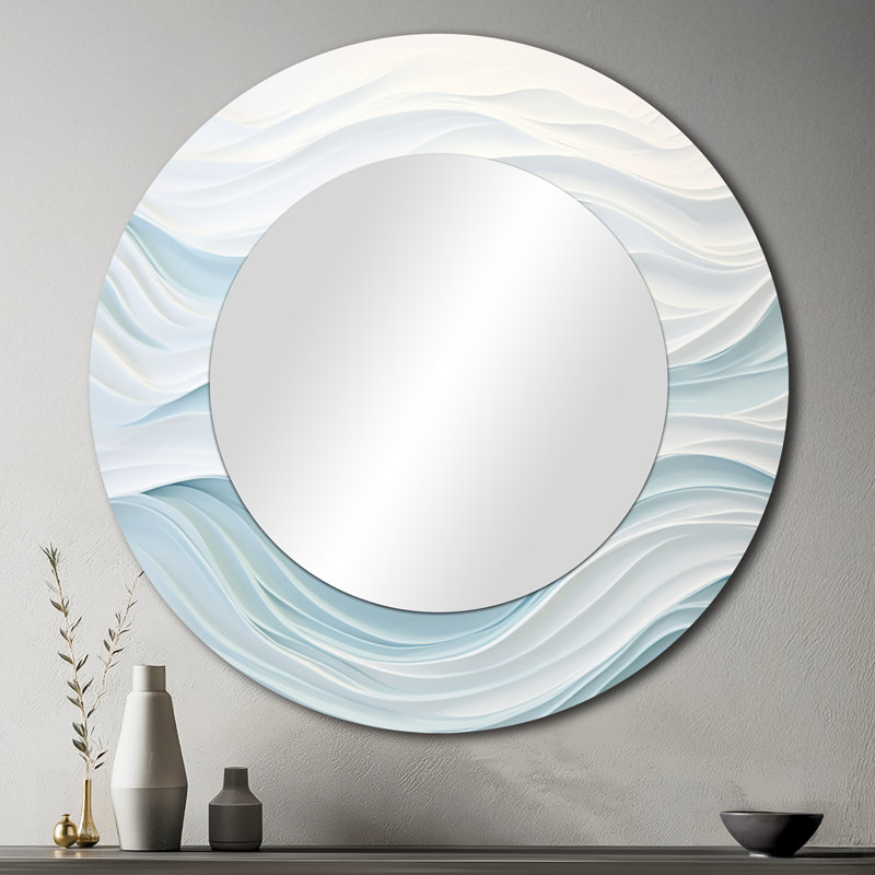 Blue And White Simplicity Wave - Marble Large Mirror, Blue Round Decorative Wall Mirror, Printed Metal Art, 36" x 36"