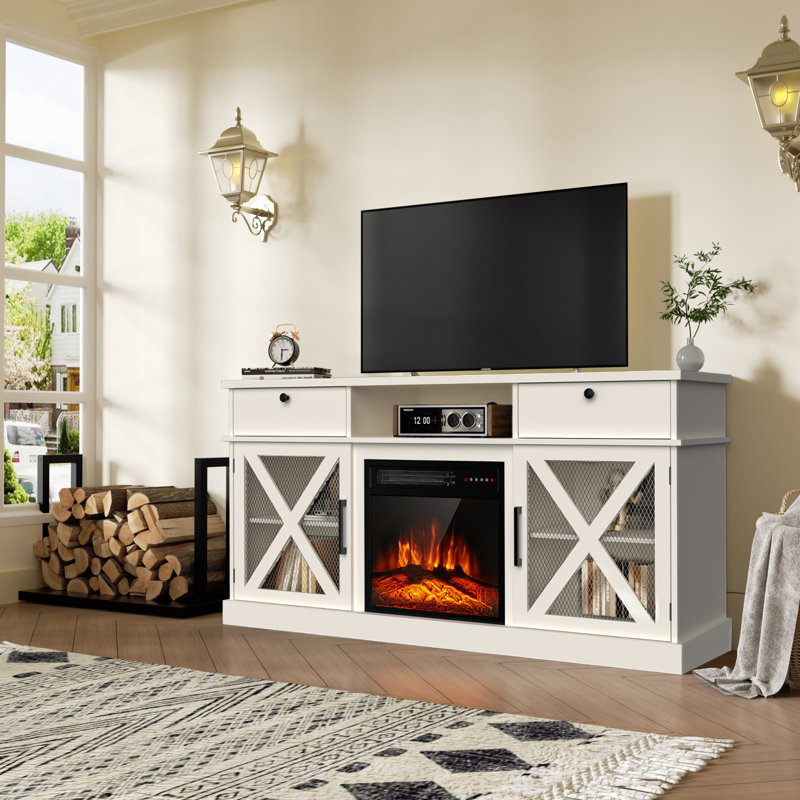 Hermis TV Stand for TVs up to 65" with Fireplace Included, White