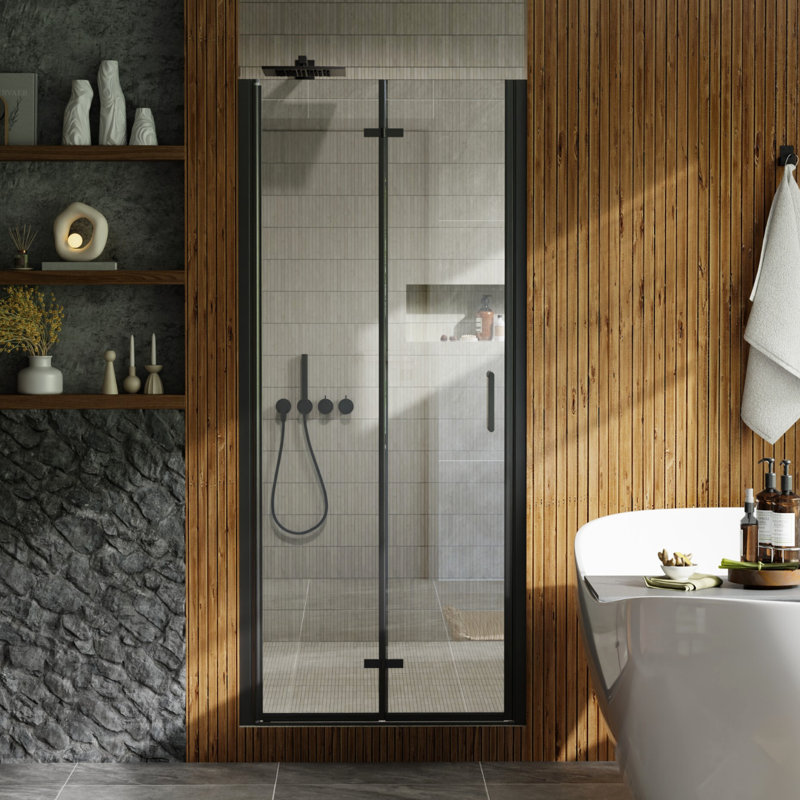 Porte de douche pliante sans cadre noir mat, verre trempé de 1/4 po, largeur réglable, L 32 po x H 72 po