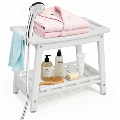 Grand banc de douche Hdpe pour pieds de rasage, tabouret de douche imperméable avec tablette de rangement pour salle de bain, résistant aux intempéries / antidérapant / poignées / intérieur ou extérieur, blanc