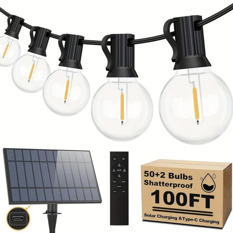 [Solar String Lights] Bosceos Solar String Lights 50FT/100FT - Dimmable G40 LED Patio Lights With 52 Shatterproof Bulbs, Remote, Solar Powered - For Outside Yard Decor, Halloween, Christmas Decoration