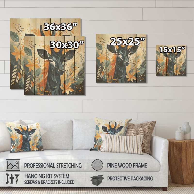 Girafe créative jaune et bleue - impression de girafe sur bois, H 36 po x l 36 po
