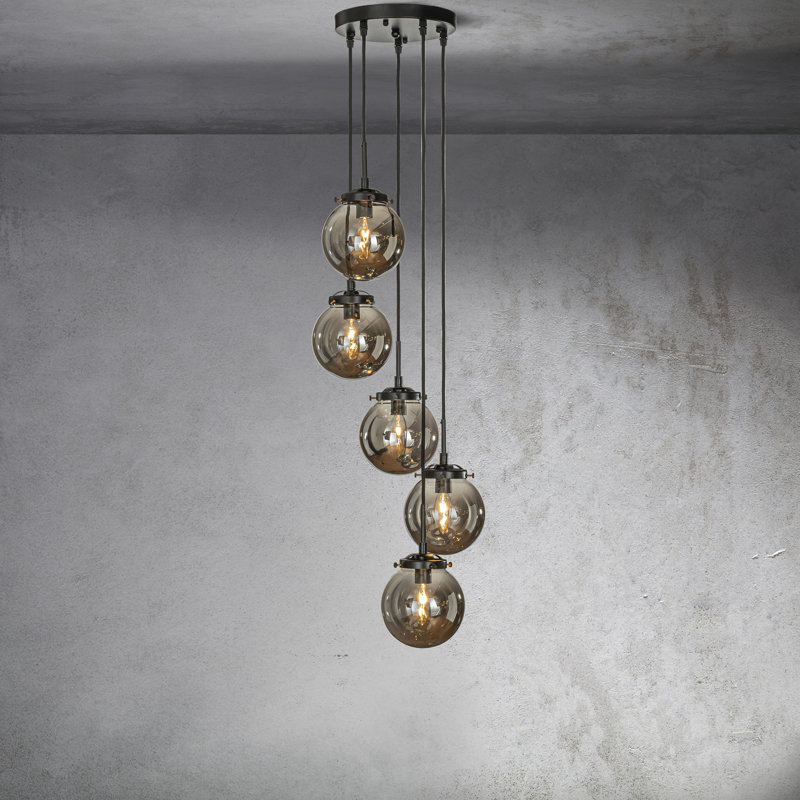 5-light Modern Globe Pendant Chandelier With Glass Shades For Stairwell Or Entryway, Matte Black, Gray