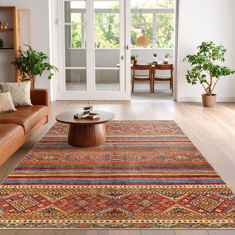 Luxurious Cotton Area Rug, 5.9 x 9.2 Feet | 100% Cotton, 1200 Grams/Sq Meter, Pile Height: 0.4 Inches | Antibacterial, Non-Slip PVC Underside, Machine Washable | Elegant Cream, Red, Orange, Camel, & Blue Design for Living Rooms & Bedrooms