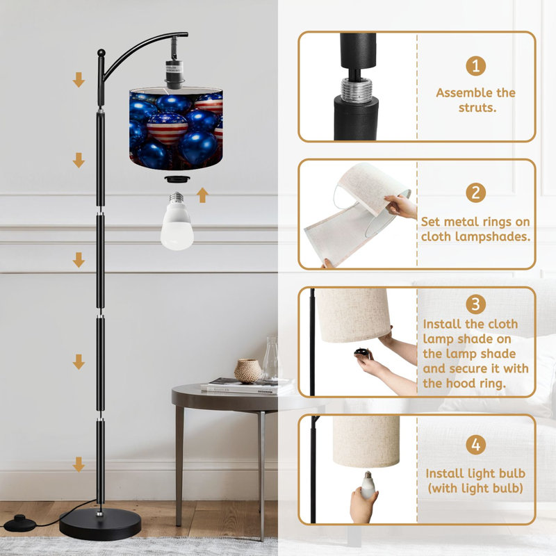  Arc Floor Lamp Patriotic American Flag Balloons Red White Blue Stars Stripes Tall Modern Standing Lamp LED Adjustable Linen Lampshade 3 Color Temperatures