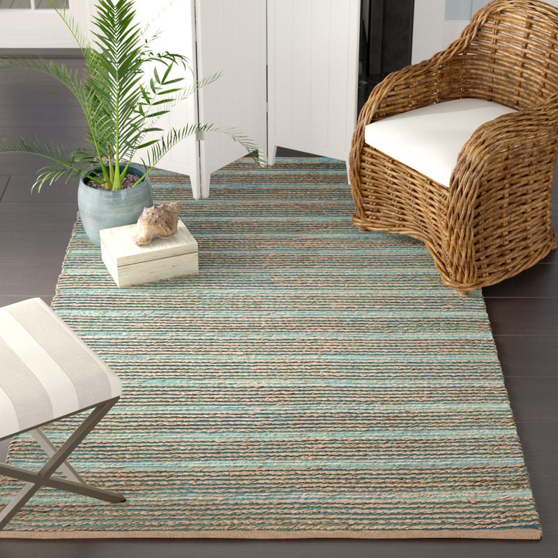 Winthrop Hand Woven Jute/Cotton Striped Rug in Aqua, Rectangle 6' x 9'
