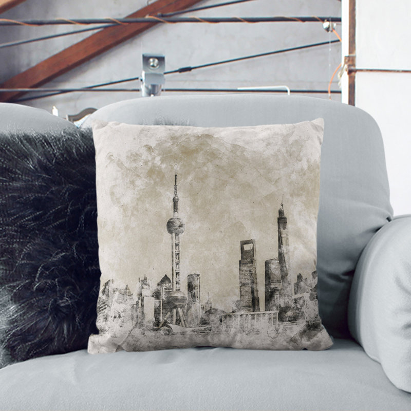 Shanghai Skyline Vol.2 Watercolour Square Throw Cushion, Stone, 40cm H x 40cm W x 15cm D