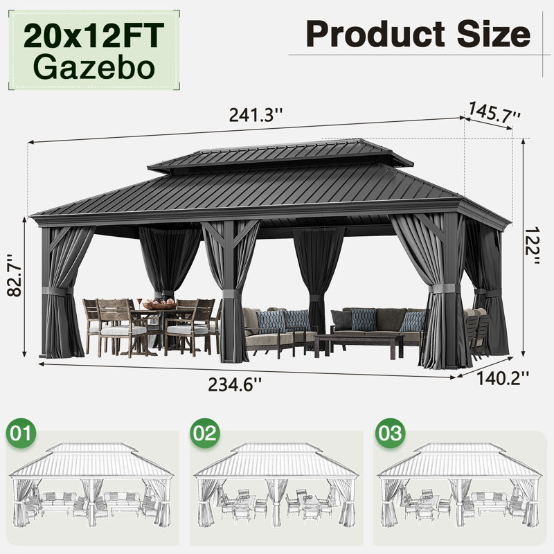 20 Ft. W X 12 Ft. D Outdoor  Aluminum Patio Gazebo with Double-Roofed Hardtop