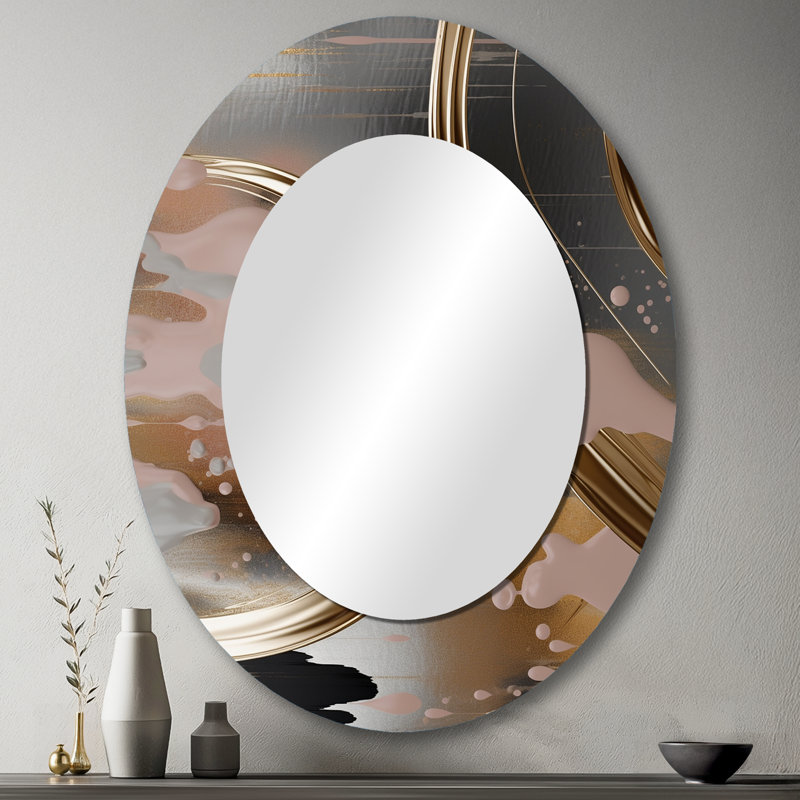 Abstract Golden And Pink Infinity Circles III - Modern Oval Wall Mirror, 43" x 33"