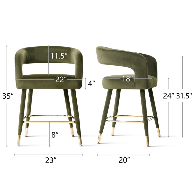 24" Velvet Counter Height Bar Stool With Gold Footrest, Green